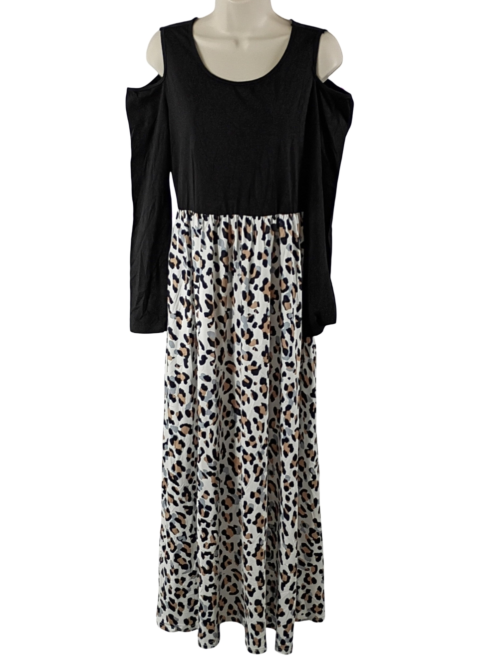 Styleword Cold-Shoulder Long Sleeves Black and Leopard Print Maxi Dress